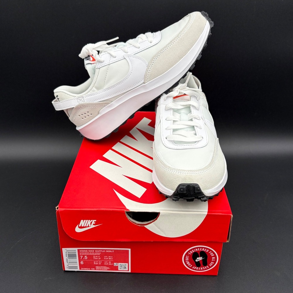 Nike Waffle Debut Womens 7.5 White Black Orange DH9523-100 Sneakers